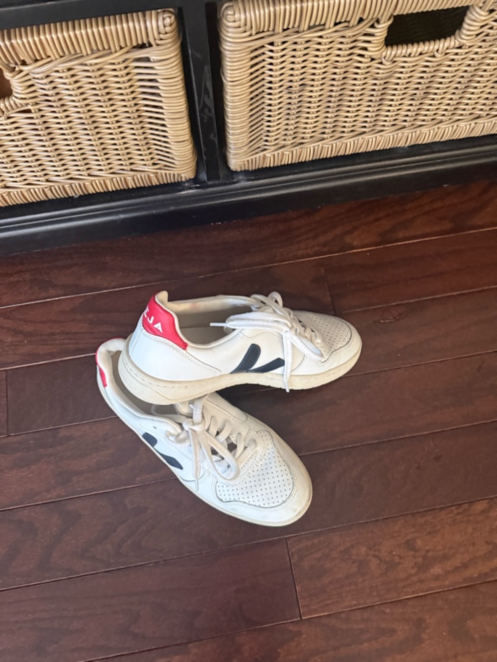 Veja White Leather Sneakers with Navy V and Red Heel Tab